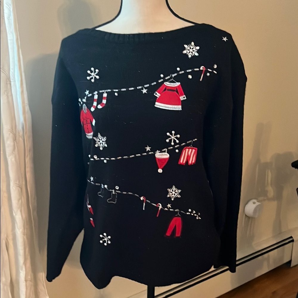 Festive Black Sweater with Holiday Accents